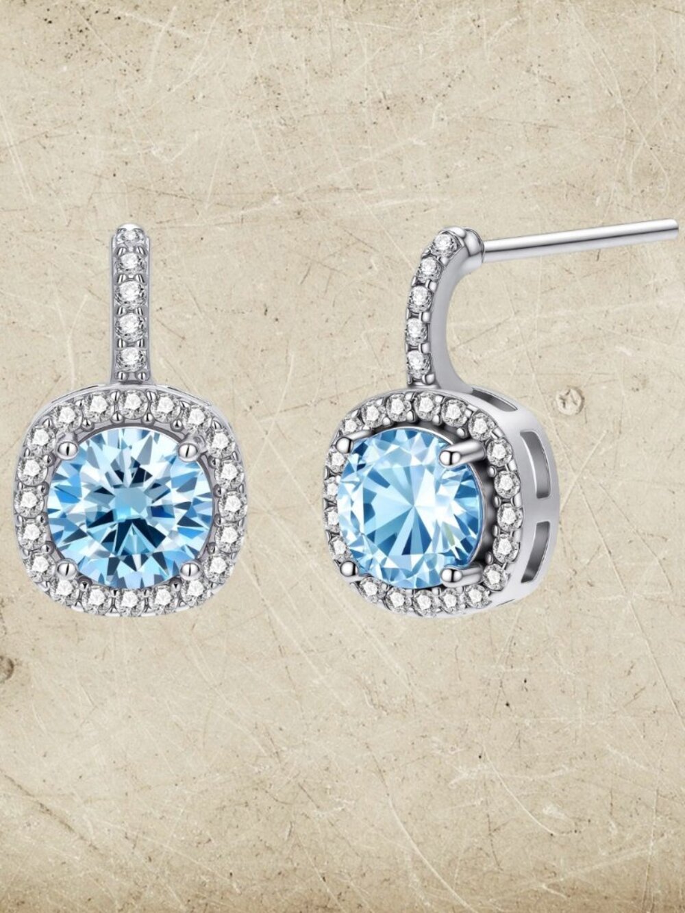 Simply Savvy Blue Moissanite Halo Drop Earrings Sterling Silver